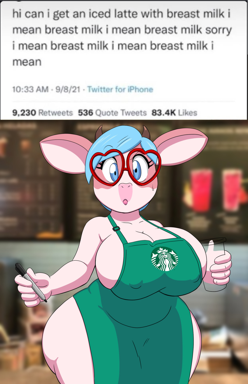 2021 absurd_res anthro apron apron_only belly big_breasts blue_eyes blue_hair bodily_fluids bottomless bottomless_anthro bottomless_female bovid bovine breasts cattle cleavage cleavage_overflow clothed clothing container cup curvy_figure detailed_background digital_media_(artwork) english_text eyelashes eyewear female fingers fur glasses green_apron hair hi_res holding_cup holding_object holding_pen horn hourglass_figure huge_breasts i_mean_breast_milk lips looking_at_viewer mammal meme mostly_nude multicolored_body multicolored_fur nipple_outline pen pink_body pink_fur short_stack side_boob slightly_chubby solo standing starbucks sweat tansau text thick_thighs voluptuous wide_hips