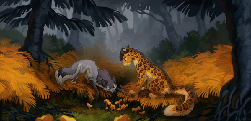 2021 blue_eyes canid canine day detailed_background digital_media_(artwork) duo felid feral fluffy fluffy_tail forest fungus fur grass hi_res hioshiru hybrid leopard mammal mushroom neck_tuft nude outside pantherine plant quadruped spots spotted_body spotted_fur tree tuft