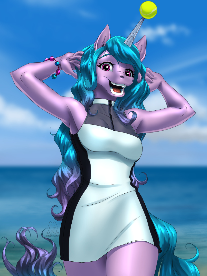 2021 3:4 absurd_res anthro ball bracelet breasts clothing dress equid equine eyebrow_through_hair eyebrows eyelashes female fur glistening glistening_clothing green_tail hair hasbro hi_res horn izzy_moonbow_(mlp) jewelry long_hair looking_at_viewer mammal mlp_g5 multicolored_hair my_little_pony mykegreywolf open_mouth outside pink_eyes pose purple_body purple_fur purple_hair purple_tail seaside solo teal_hair teeth tennis_ball translucent translucent_hair two_tone_hair two_tone_tail unicorn