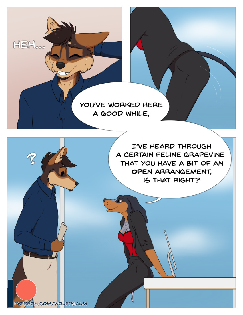 2021 anthro bluetick_coonhound brown_body brown_fur brown_hair business_suit canid canine canis clothing comic coonhound corset coyote coywolf domestic_dog duo english_text female fur hair hi_res hunting_dog hybrid lingerie male male/female mammal office scent_hound suit tan_body tan_fur text topwear url wolf wolfpsalm yellow_eyes