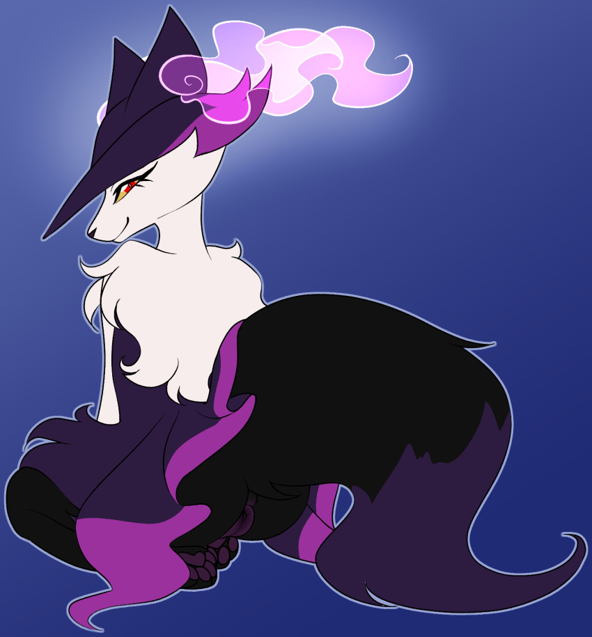 anthro anus black_body black_fur braixen butt canid canine clothing colored_fire erroremma fak&eacute;mon female fire fur fusion genitals hat headgear headwear hi_res hybrid iris_(erroremma) long_fur looking_at_viewer looking_back magic_user mammal mismagius nintendo pawpads paws pok&eacute;mon pok&eacute;mon_(species) pok&eacute;mon_fusion pokefusion presenting presenting_hindquarters purple_body purple_fire purple_fur pussy red_eyes sitting smile solo video_games white_body white_fur witch witch_hat