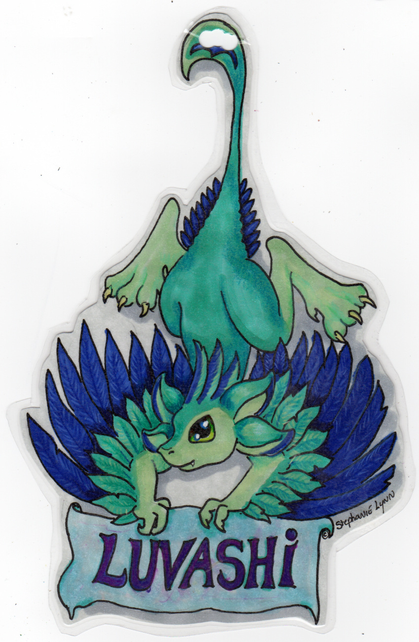 absurd_res anthro avali avali_(original) badge blue_body blue_feathers feathered_wings feathers female green_body green_eyes hi_res luvashi solo stephanie_lynn text traditional_media_(artwork) winged_arms wings