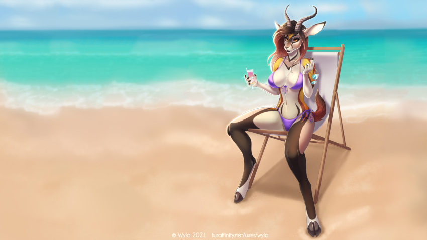16:9 2021 5_fingers antelope anthro beach beach_chair beverage bikini bovid breasts clothed clothing day detailed_background eyewear female fingers glass hi_res holding_object hooves horn mammal navel outside purple_bikini purple_clothing purple_swimwear sand seaside shoreline sitting sky smile solo sunglasses swimwear water widescreen wyla zahra_(airheart)