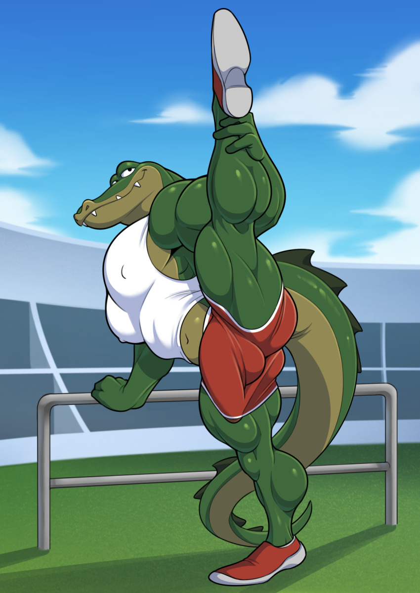 alligator alligatorid analon_(artist) animalympics bolt_jenkins bulge clothing crocodile crocodilian crocodylid erection genitals hi_res male muscular one_leg_up penis raised_leg reptile scalie solo underwear