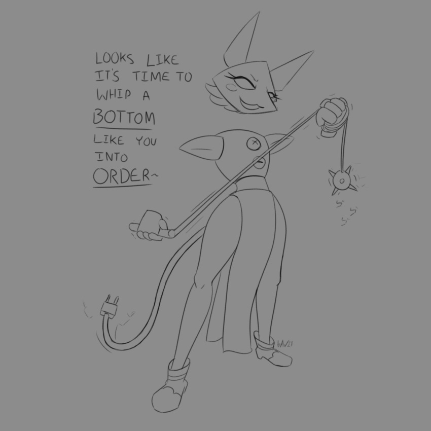 1:1 anthro boots bottomwear clothing deltarune electric_plug english_text felid feline female footwear hi_res komissar_bav loincloth machine mammal monochrome robot smile solo standing tail_motion tailwag tasque_manager text undertale_(series) video_games whip wide_stance