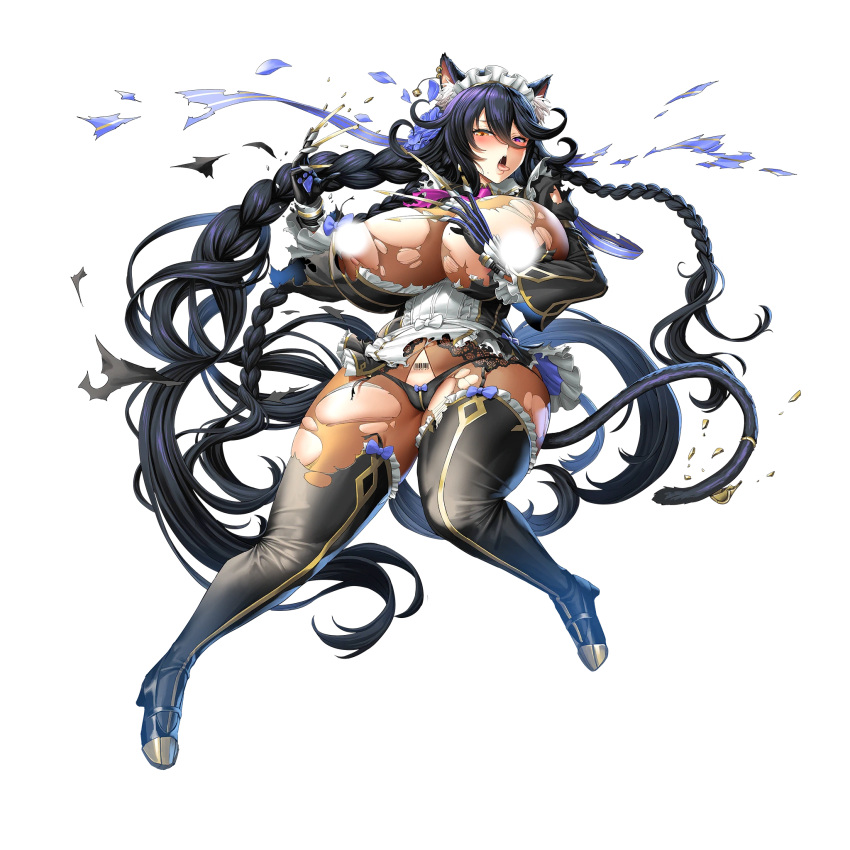 1:1 accessory alpha_channel animal_humanoid barcode barcode_tattoo big_breasts black_hair black_tail blush boots braided_hair breasts cat_humanoid censored clothed clothing ear_piercing ear_ring felid felid_humanoid feline feline_humanoid female flower flower_in_hair footwear hair hair_accessory heterochromia hi_res huge_breasts humanoid inner_ear_fluff jewelry last_origin legwear light_body light_skin maid_headdress mammal mammal_humanoid nipple_censor obui official_art orange_eyes partially_clothed piercing plant poi_(last_origin) purple_eyes ring simple_background solo tail_jewelry tail_ring tattoo thigh_boots thigh_highs torn_clothing transparent_background tuft womb_tattoo