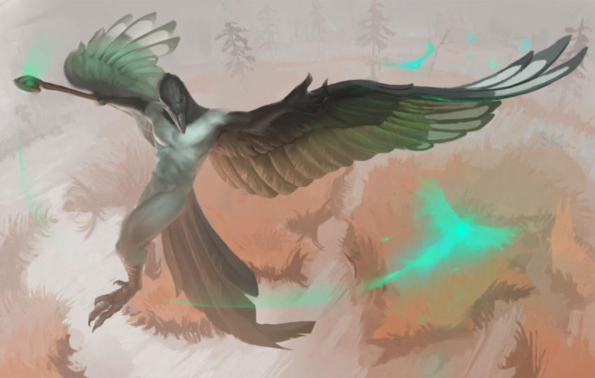 2021 anthro avian bird black_body black_feathers corvid digital_media_(artwork) feathered_wings feathers feet fingers floating full-length_portrait green_body green_feathers magpie_(corvid) male nude oscine outside passerine portrait shwonky solo tail_feathers talons toes white_body white_feathers wings