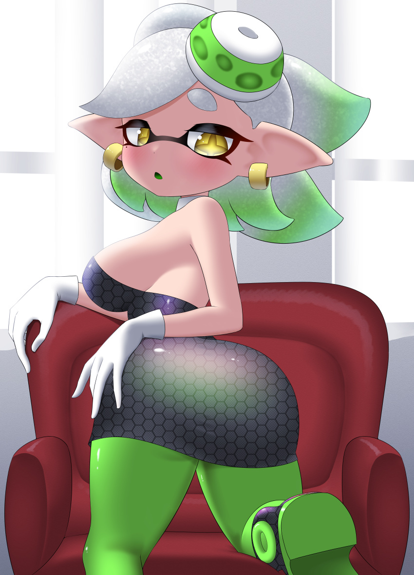 absurd_res blush breasts butt butt_pose clothed clothing dress ear_piercing ear_ring female hi_res humanoid nintendo nobunagapero piercing pose side_boob solo splatoon video_games