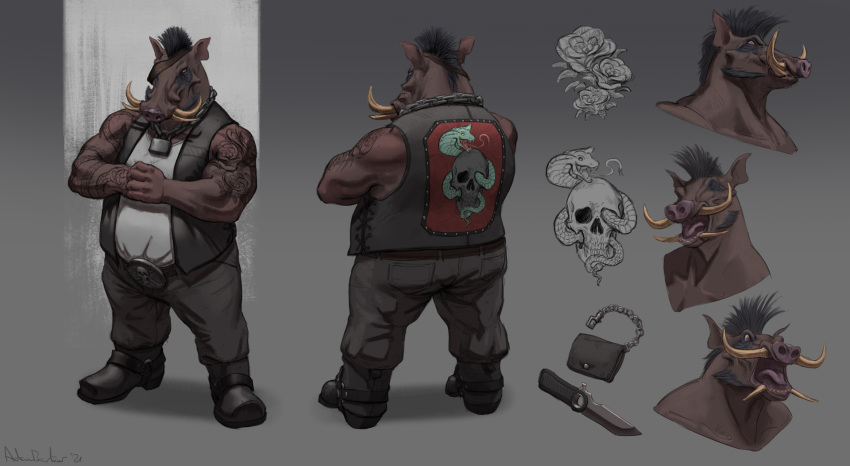 adambarker anthro biker biped boots clothing eye_patch eyewear footwear hi_res jeremiah_archibald_hogg male mammal missing_eye model_sheet plantigrade solo standing suid suina tattoo tusks warthog