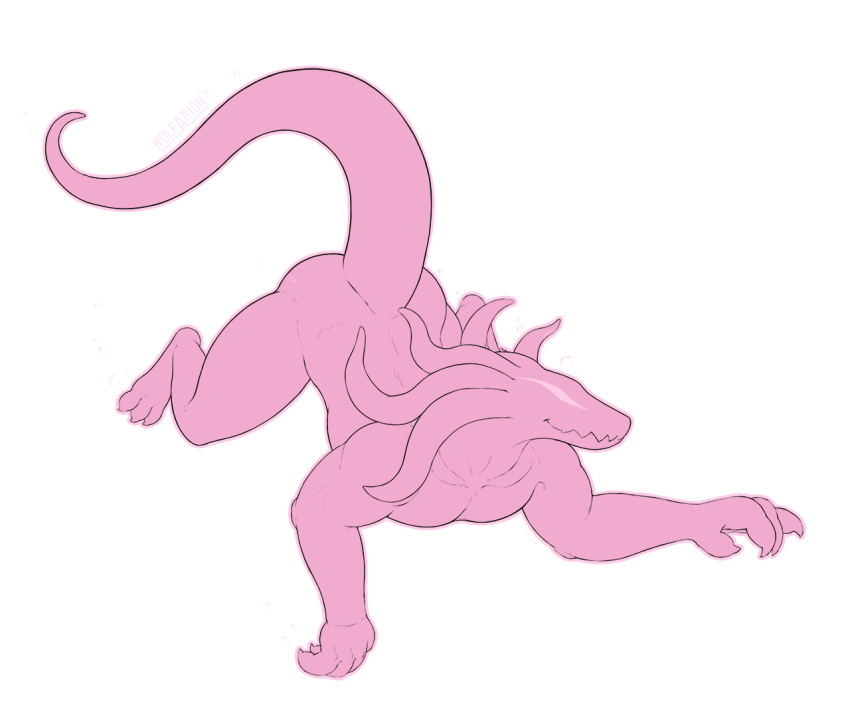 2021 action_pose air_bubbles alpha_channel anthro claws eyeless long_tail male monster muscular muscular_male nude pink_body pink_skin pose pseudo_hair signature simple_background smile solo suspended_in_midair tentacle_hair tentacles transparent_background wolfarion