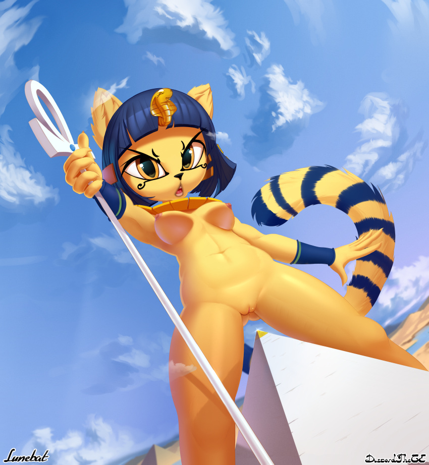 2020 5_fingers absurd_res animal_crossing ankh ankha_(animal_crossing) anthro areola black_nose breasts cloud collaboration digital_media_(artwork) discordthege domestic_cat eyebrows felid feline felis female fingers front_view genitals hi_res holding_object looking_at_viewer lunebat macro mammal navel nintendo nipples open_mouth outside pussy pyramid solo video_games wide_stance