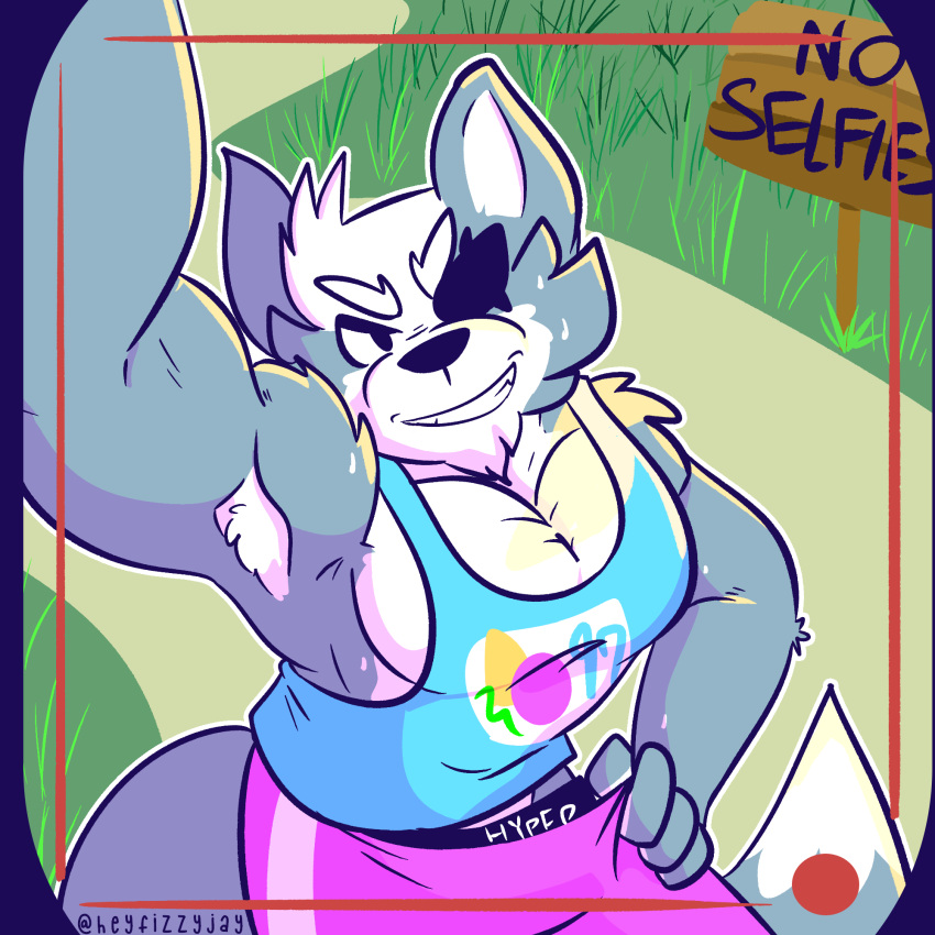 1:1 anthro canid canine canis clothed clothing digital_media_(artwork) fizzyjay fur grey_body grey_fur hi_res male mammal muscular nintendo shirt simple_background smile solo star_fox tank_top topwear video_games wolf wolf_o'donnell