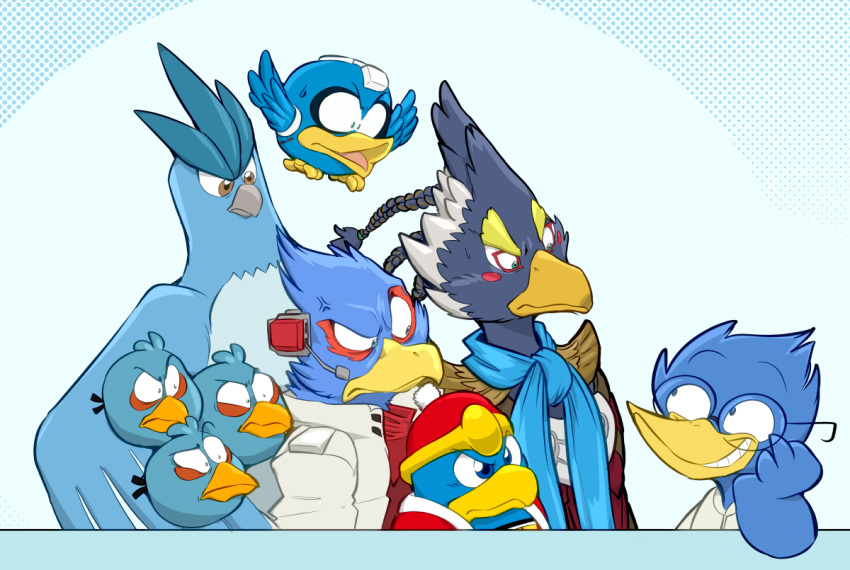 angry_birds annoyed anthro articuno avian beak beat_(megaman) berdly bird blue_body blue_feathers breath_of_the_wild capcom conditional_dnp deltarune eyewear falco_lombardi feathers feral frown glasses group jonas king_dedede kirby_(series) legendary_pok&eacute;mon male mega_man_(series) nerd nintendo pok&eacute;mon pok&eacute;mon_(species) revali rito smile smug star_fox the_blues_(angry_birds) the_legend_of_zelda toony undertale_(series) video_games yellow_beak