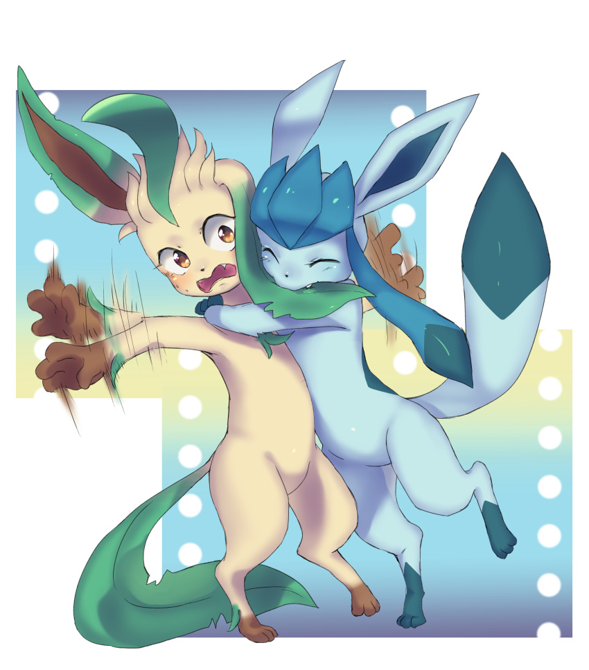 2015 3_toes 4_fingers absurd_res alpha_channel amber_eyes ambiguous_gender anthro anthrofied bite blue_body cute_eyes cute_fangs duo ear_bite eeveelution embrace eyes_closed fangs featureless_crotch feet fingers glaceon green_body hi_res hug leafeon nintendo oko-san open_mouth pok&eacute;mon pok&eacute;mon_(species) pok&eacute;morph simple_background sudden surprise toes video_games