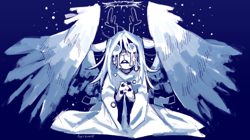 anthro blue_and_white blue_theme bodily_fluids capreoline cervid clasped_hands clothing crown_of_thorns crying deltarune empty_eyes feathered_wings feathers female hair halo hi_res humanoid mammal messy_hair monochrome noelle_holiday pcktknife praying pupils reindeer robe snow snowgrave solo tears thorns undertale_(series) video_games white_pupils wings