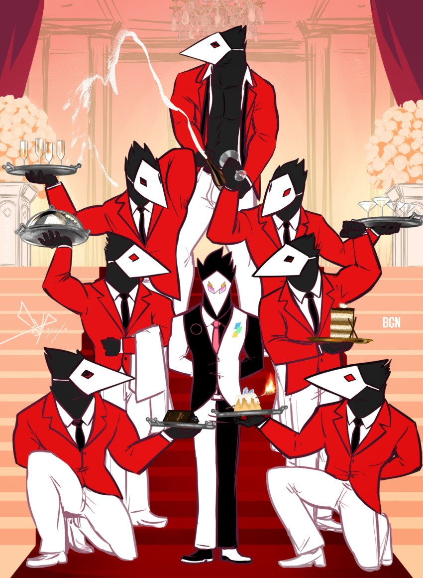 alcohol anthro arrow_(weapon) avian beverage bgn black_body bottomwear butler cake champagne champagne_glass clothed clothing darkner deltarune dessert eyes_closed fire food group hi_res humanoid kneeling male mask on_one_knee open_clothing open_shirt open_topwear pants pose ranged_weapon red_clothing red_suit red_topwear shirt standing suit swatch_(deltarune) swatchling topwear undertale_(series) video_games weapon white_bottomwear white_clothing white_pants