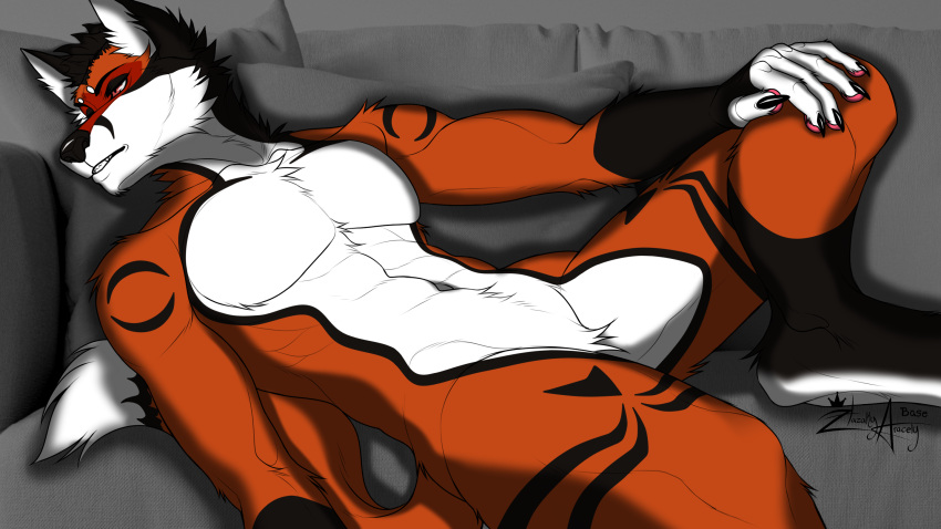 16:9 5_toes anthro black_claws black_hair black_nose brown_eyes canid canine claws feet fox fur furmarks furniture hair hand_on_leg hazakyaracely hi_res looking_away lying lying_on_sofa male mammal markings multicolored_body muscular muscular_anthro muscular_male on_sofa pawpads pillow pink_pawpads pose red_body red_fur redrick_(erickredfox) sofa solo toes two_tone_body white_body white_fur widescreen