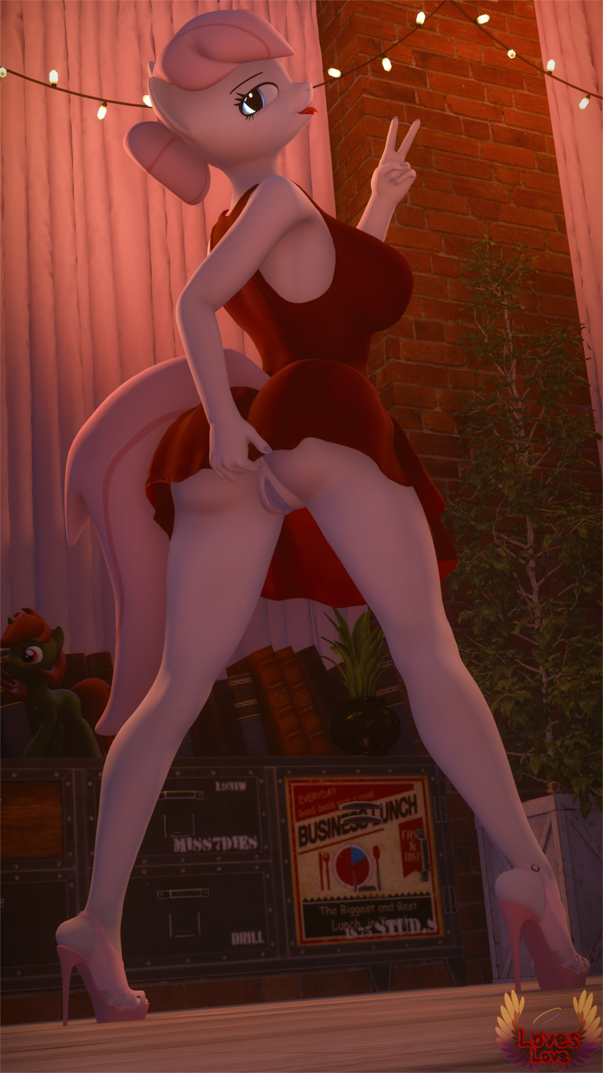 3d_(artwork) 9:16 absurd_res anthro anthrofied breasts butt clothed clothing digital_media_(artwork) dress equid equine female friendship_is_magic genitals gesture hair hasbro hi_res high_heels huge_filesize loveslove mammal my_little_pony no_underwear nurse_redheart_(mlp) pink_hair pussy solo v_sign white_body