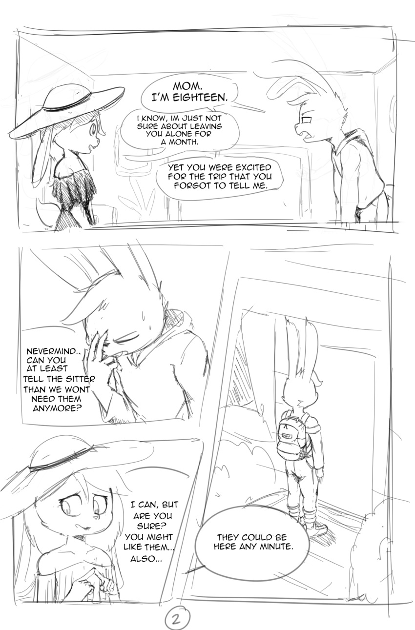 agidyne annoyed anthro backpack bodily_fluids buckteeth claws clothing comic cousins dialogue dress english_text female finger_claws footwear furniture hi_res hoodie lagomorph male mammal monochrome mother mother_and_child mother_and_son nervous parent parent_and_child plant shoes sofa son stephen_(agidyne) sun_hat sundress sweat teeth television text topwear tuft window