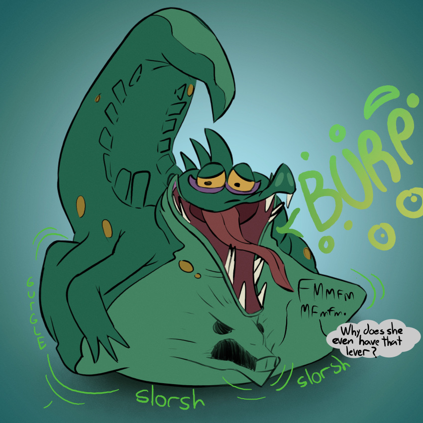 1:1 abdominal_bulge absurd_res ambiguous_gender artrogero_(artist) burping crocodile crocodilian crocodylid dialogue disney english_text feral gradient_background hi_res kuzco open_mouth reptile rumbling_stomach scalie simple_background speech_bubble text the_emperor's_new_groove vore