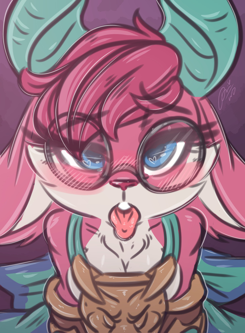 &lt;3 absurd_res anthro blue_eyes blush breasts chest_tuft clothing dimwitdog eyewear female fur glasses green_clothing green_horn hi_res horn lagomorph leporid long_ears looking_at_viewer mammal moji_(paladins) oral_invitation paladins rabbit red_body red_fur solo tan_body tan_fur tongue tongue_out tuft