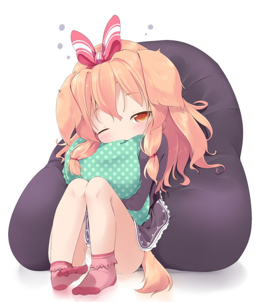 1girl animal_ears bangs blush bow brown_dress brown_eyes commentary_request covered_mouth dog_ears dog_girl dog_tail dress eyebrows_visible_through_hair hair_between_eyes hair_bow head_tilt highres knees_up light_brown_hair makuran no_shoes one_eye_closed original panties pillow pillow_hug pink_legwear polka_dot red_bow sidelocks sleepy socks soles solo striped striped_bow tail underwear unmoving_pattern white_background white_panties