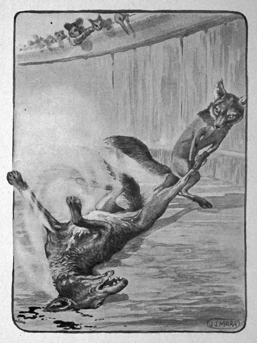 1920 20th_century 3:4 ambiguous_gender ancient_furry_art anthro arena audience biped blood blood_on_ground bodily_fluids canid canine canis duel duo_focus dust feral fox greyscale group hi_res joseph_jacinto_mora leg_grab lying male mammal monochrome nude on_back open_mouth outside public_domain reynard_the_fox shaved signature standing text traditional_media_(artwork) wolf ysengrin