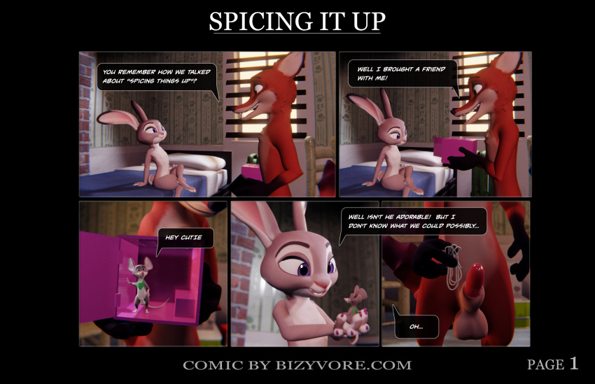 animal_genitalia balls bizyvore canid canine comic dialogue disney english_text female fox genitals group hi_res judy_hopps lagomorph leporid male male/female mammal micro mouse murid murine nick_wilde rabbit rodent rope text url vore zootopia