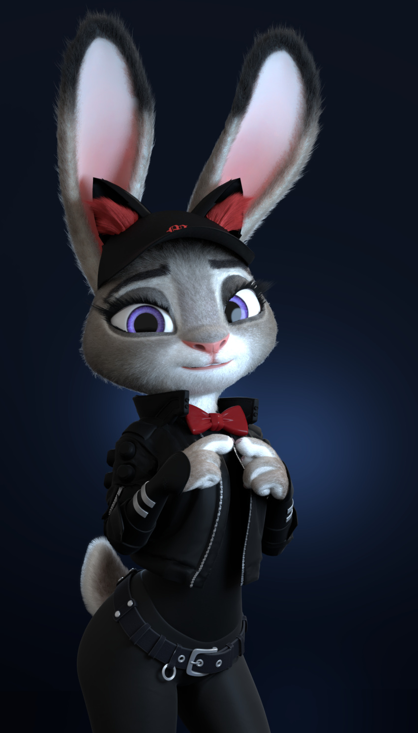 2021 3d_(artwork) 4:7 anthro belt black_clothing blue_background bow_tie claws clothed clothing collar digital_media_(artwork) disney eyebrows eyelashes female fingers fur grey_body grey_fur handwear headgear headwear hi_res judy_hopps lagomorph leporid long_ears looking_at_viewer mammal melo multicolored_body multicolored_ears multicolored_fur pink_nose purple_eyes rabbit short_tail simple_background smile solo tight_clothing topwear white_body white_fur zootopia