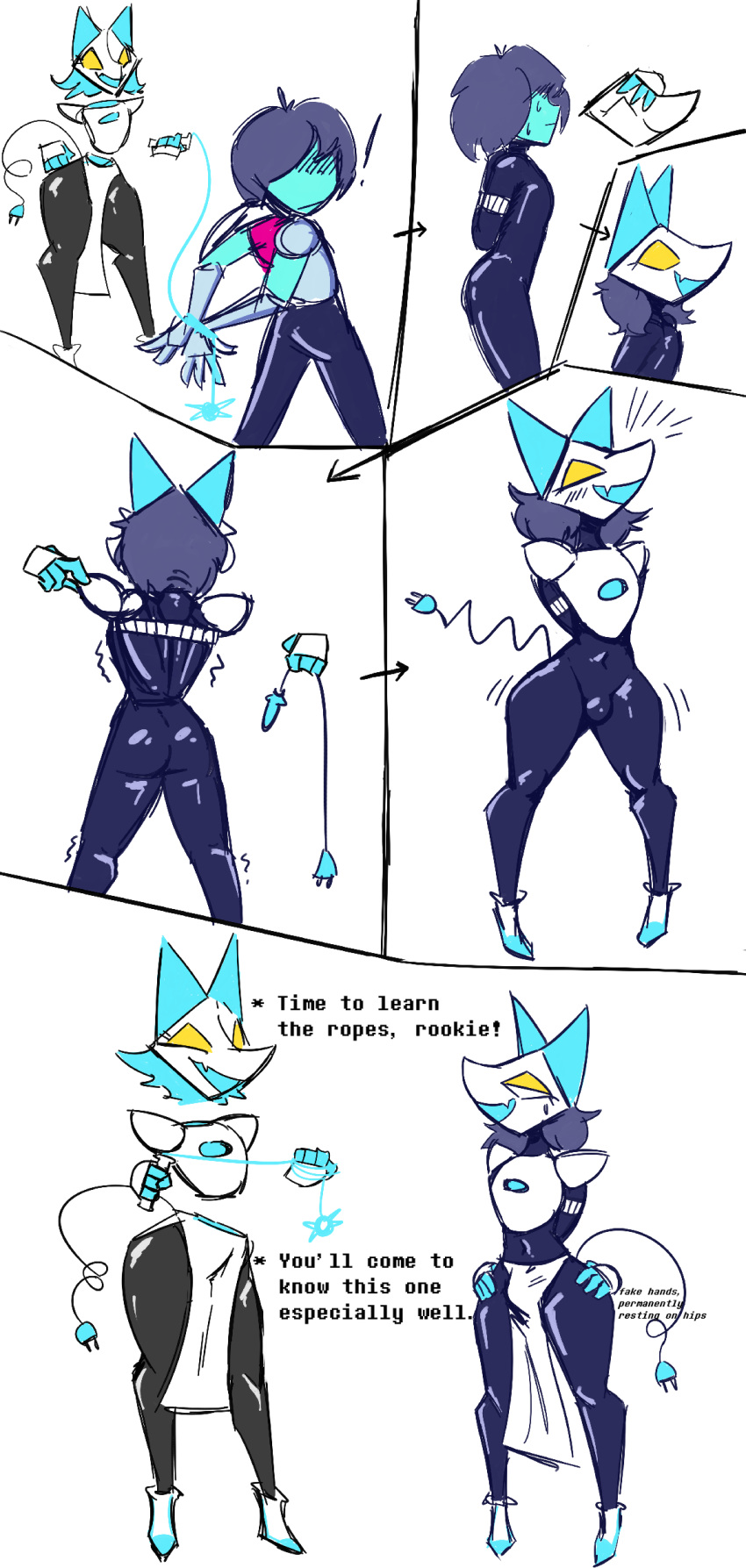 absurd_res anthro bdsm bodysuit bondage bottomwear bound bulge canid canine clothing deltarune dialogue disembodied_hand disembodied_head dominant dominant_female dunnhier1 duo english_text female floating_hands floating_head floating_torso hands_behind_back hi_res human kris_(deltarune) loincloth machine male mammal mask reverse_prayer robot sequence skinsuit standing tasque_manager text thick_thighs tight_clothing undertale_(series) video_games whip wide_hips