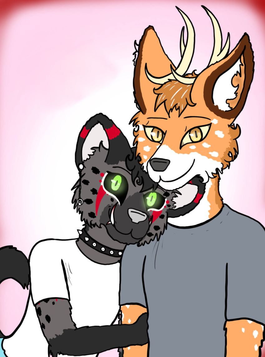 anthro canid canine cervid duo embrace feex fluffy fox hazel hi_res hug hyaenid hybrid jammy jammyjams male male/male mammal piercing portrait romantic romantic_couple simple_background