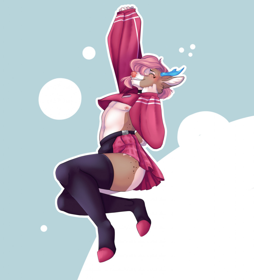 abstract_background anthro antlers bottomwear brown_body brown_fur calyx_forrester cervid clothed clothing crop_top crossdressing eyes_closed fur girly hair hi_res horn legwear male mammal markings miniskirt nipples pascalthepommie pink_hair shirt skirt smile solo stockings thigh_highs topwear upskirt white_markings