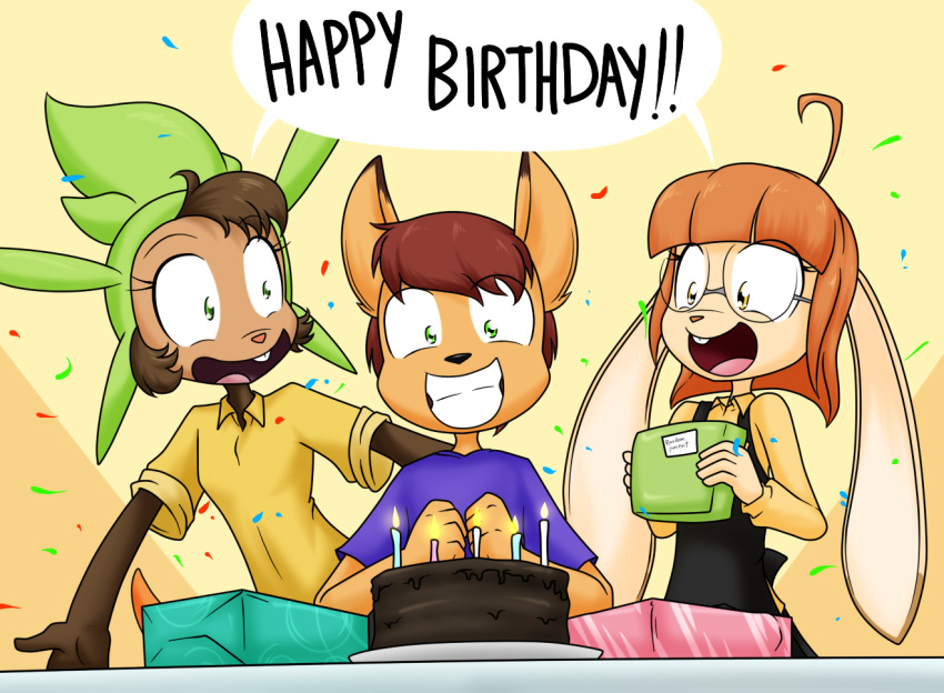 2019 anthro birthday birthday_cake brown_body brown_fur brown_hair buckteeth cake canid canine chespin confetti dessert dialogue digital_media_(artwork) english_text eyelashes female fingers food fox fur gift go1den_(wanda_fan_one_piece) green_eyes group hair lagomorph leina_(sandwich-anomaly) leporid male mammal multicolored_body multicolored_fur nintendo orange_hair pok&eacute;mon pok&eacute;mon_(species) rabbit red_hair sandwich-anomaly simple_background sitting smile standing tan_body tan_fur teeth text tongue victoria_(sandwich-anomaly) video_games yellow_eyes