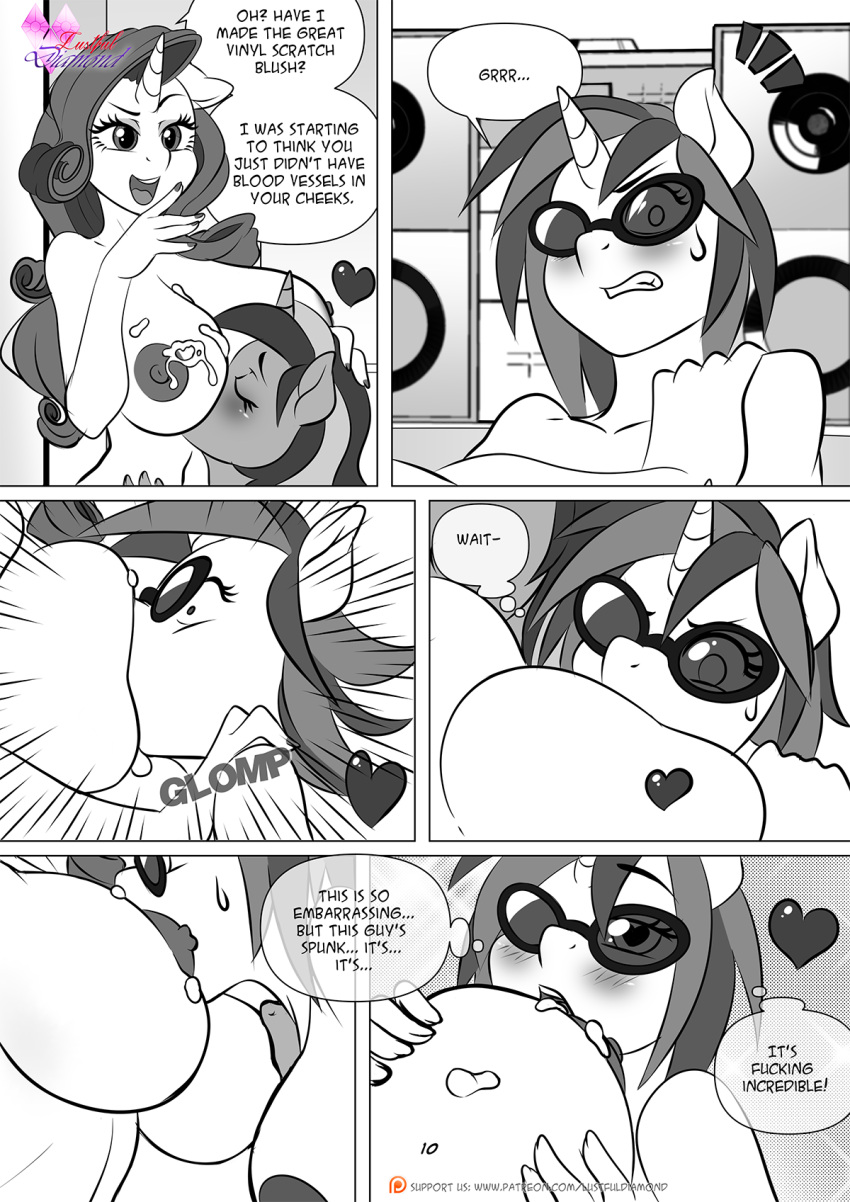 &lt;3 anthro anthrofied areola big_breasts blush bodily_fluids breast_lick breast_play breasts colgate_(mlp) comic cum cum_on_breasts dialogue english_text equid equine eyewear female female/female friendship_is_magic genital_fluids group hasbro hi_res horn licking licking_cum mammal my_little_pony nipples nude pia-sama rarity_(mlp) sunglasses text tongue tongue_out trio unicorn vinyl_scratch_(mlp)