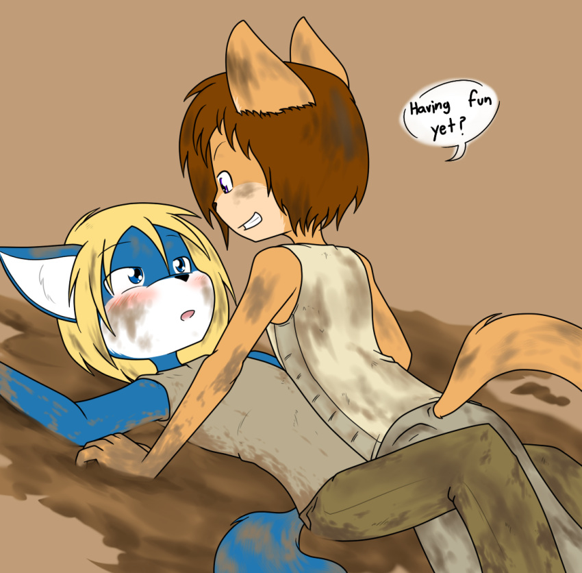 2019 anthro blonde_hair blue_body blue_eyes blue_fur blush brown_body brown_fur brown_hair canid canine canis coyote dennis_(sandwich-anomaly) dialogue digital_media_(artwork) dirty duo english_text fingers fox fur hair looking_at_another lying male male/male mammal mud mud_wrestling muddy multicolored_body multicolored_fur on_back on_bottom on_top purple_eyes sandwich-anomaly simple_background smile tan_body tan_fur teeth text white_body white_fur wrestling