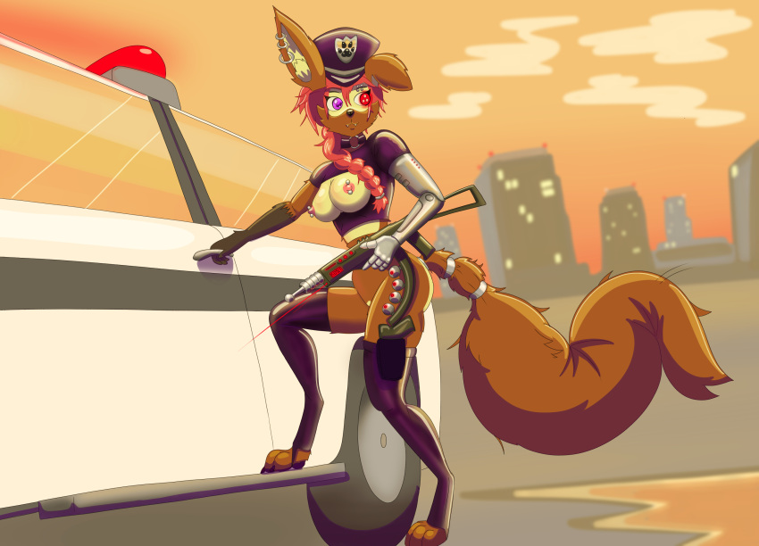 anthro armed canid canine city city_background cityscape clothing cybernetics cyberpunk cyborg ear_piercing ear_ring eyebrow_piercing facial_piercing female hi_res hybrid kangaroo machine macropod mammal marsupial mechanical_arm miyuka nipple_piercing nipples outside piercing police police_hat police_officer police_uniform rodent rubber rubber_clothing rubber_suit sciurid solo tama-tama tree_squirrel uniform vertical_nipple_piercing weapon