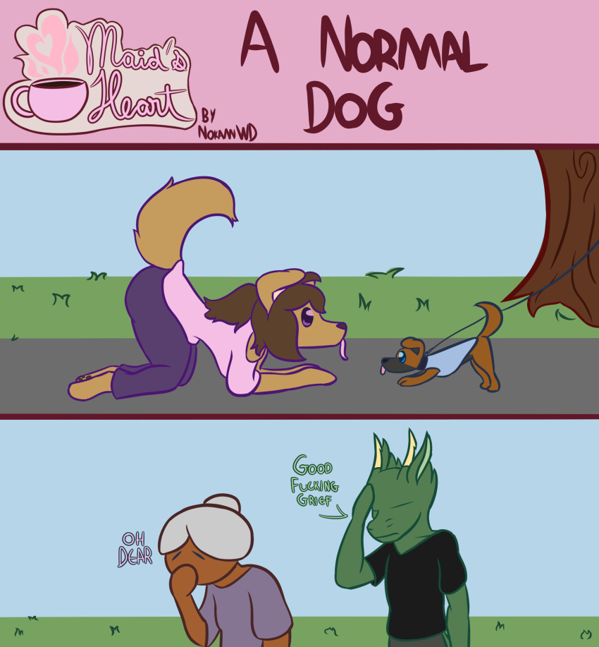 age_difference anthro ass_up breasts butt canid canine canis clothed clothing digital_media_(artwork) domestic_dog dragon female feral hair hi_res human july_shepherd_(nokamiwd) kian_donavah_(nokamiwd) leash mammal nokamiwd older_female scalie simple_background text thick_thighs western_dragon wide_hips