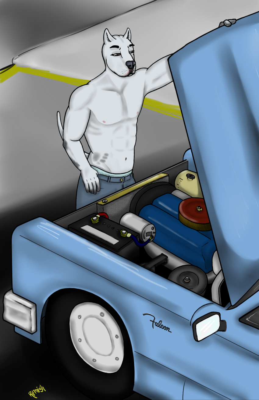 anthro athletic canid canine canis car dogo_argentino domestic_dog fur hair hi_res male mammal mastiff mechanic molosser muscular muscular_male nipples ramish shirtless solo vehicle white_body white_fur white_hair