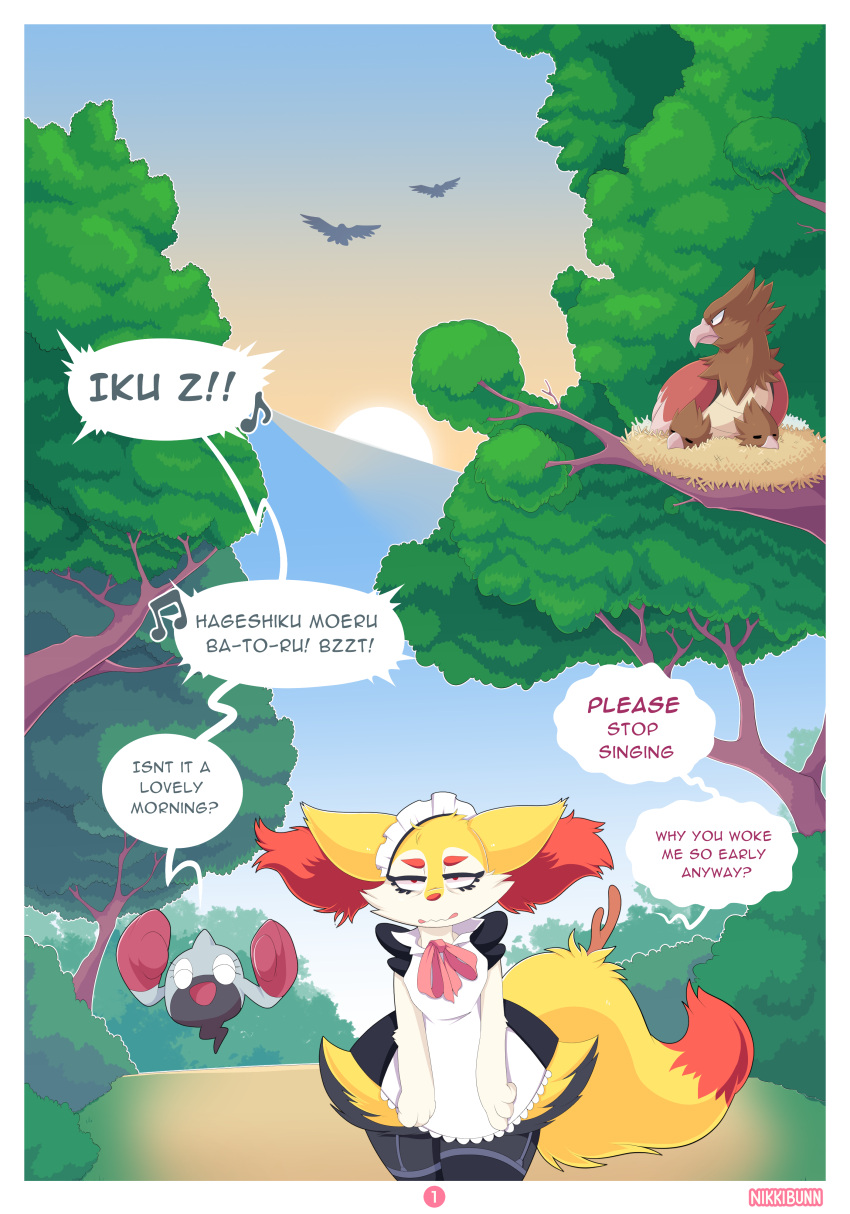 absurd_res accessory annoyed avian bird braixen clothing color_coded color_coded_text comic detailed_background dialogue duo ellie_the_braixen english_text extended_arms garter girly happy hi_res linked_speech_bubble maid_uniform musical_note nest nikkibunn nintendo number oscine page_number passerine plant pointy_speech_bubble pok&eacute;mon pok&eacute;mon_(species) rotom rotom_information signature sleeping spearow speech_bubble sunrise text tree uniform video_games wavy_speech_bubble