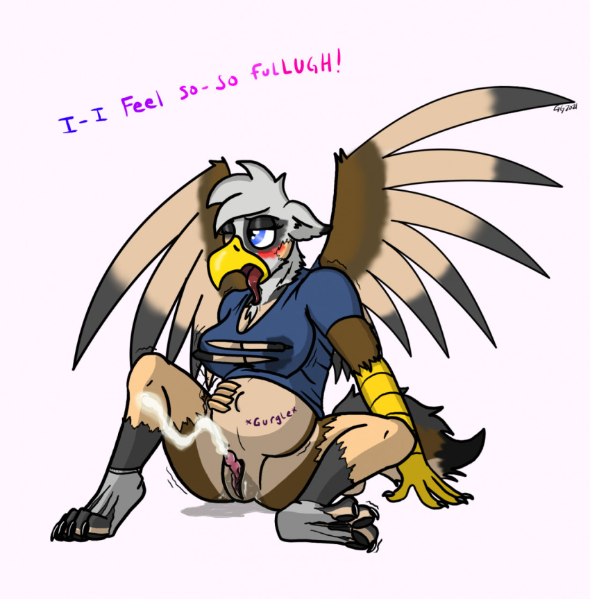 ahegao ambiguous_gender anthro aroused avian beak bodily_fluids breast_growth breasts brown_body brown_fur claws clothing cum dialogue dripping_wet drooling ejaculation feathers fur gender_transformation genital_fluids goldengryphon grey_body grey_fur growth gryphon hand_on_stomach hi_res human_to_anthro jay_(goldengryphon) lactating looking_pleasured mid_transformation mtf_transformation mythological_avian mythology pawpads paws pregnant pregnant_expansion pussy_juice saliva solo sound_effects species_transformation spread_wings talons tan_body tan_fur torn_clothing transformation unwanted_ejaculation wings