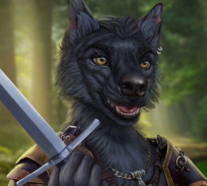 anthro armor black_body black_fur canid canine canis chest_tuft clothed clothing ear_piercing ear_ring eye_scar facial_scar fur jewelry leather leather_clothing male mammal melee_weapon necklace piercing portrait raudegil scar skoll_(skoll666) solo sword teeth tongue tuft warrior weapon wolf yellow_eyes