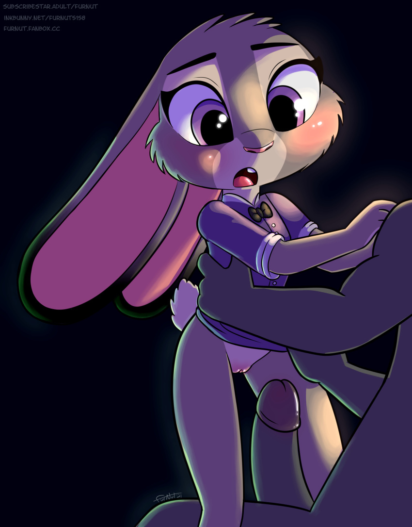 absurd_res anthro black_background blush bottomless bow_tie clothed clothing disney duo erection female female_on_human furnut genitals hi_res human human_on_anthro imminent_sex interspecies judy_hopps lagomorph leporid long_ears male male/female male_on_anthro mammal open_mouth penis pussy rabbit simple_background sitting solo_focus standing text topwear url waist_grab zootopia