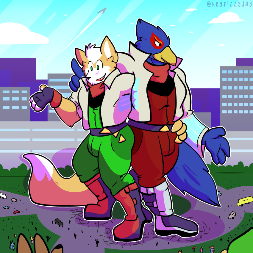 1:1 anthro avian bird canid canine city clothing duo falco_lombardi fizzyjay fox fox_mccloud gentle_giant hi_res macro male mammal nintendo star_fox video_games