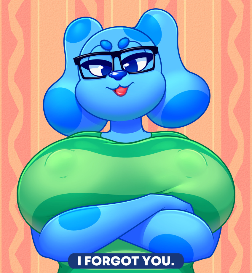 acstlu anthro big_breasts blue's_clues blue_(blue's_clues) breasts canid canine canis clothing dialogue domestic_dog english_text eyewear female glasses hi_res looking_at_viewer mammal nickelodeon nipple_outline solo talking_to_viewer text