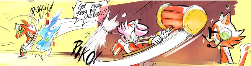action_pose amy_rose angry anthro attack big_hammer black_nose bodily_fluids canid canine canis chaos_(sonic) clothed clothing comic custom_character_(sonic_forces) detailed_background digital_media_(artwork) drawloverlala echidna english_text eulipotyphlan eyewear female footwear fur gadget_the_wolf glasses gloves green_eyes group hair hammer handwear head_tuft headgear hedgehog high_boots humanoid knuckles_the_echidna male mammal monotreme open_mouth pink_body pink_fur pose punch red_body red_fur sega shirt shoes slamming smile sonic_adventure sonic_forces sonic_the_hedgehog_(series) text tools topwear tuft video_games weapon wolf