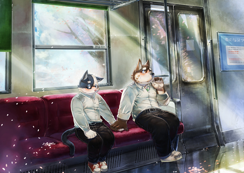 2013 anthro band-aid bandage black_nose blush bottomwear brown_body brown_fur canid canine canis clothing detailed_background domestic_cat domestic_dog duo eyewear felid feline felis fur glasses humanoid_hands inside inside_train kemono kijimaru male male/male mammal pants shirt sitting slightly_chubby topwear white_body white_fur