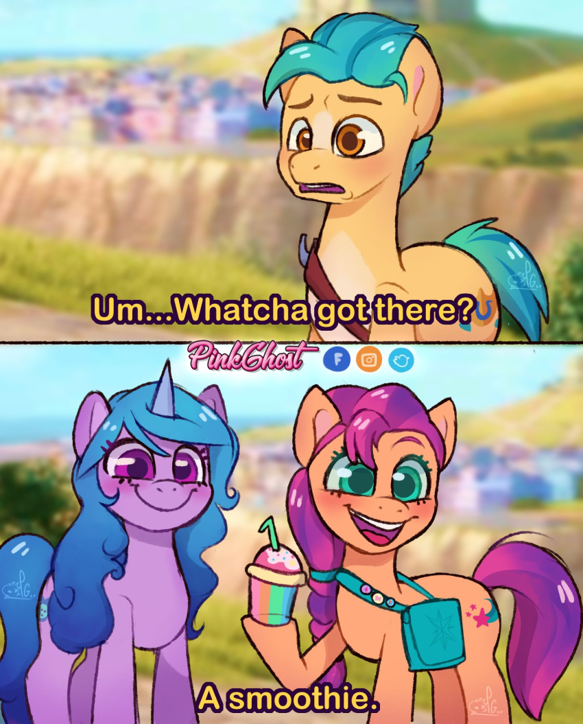 amber_eyes bag beverage comic equid equine green_eyes hasbro hi_res hitch_trailblazer_(mlp) horn horse icarly izzy_moonbow_(mlp) lilpinkghost mammal meme messenger_bag mlp_g5 my_little_pony nickelodeon pony purple_eyes sash smile smoothie sunny_starscout_(mlp) unicorn