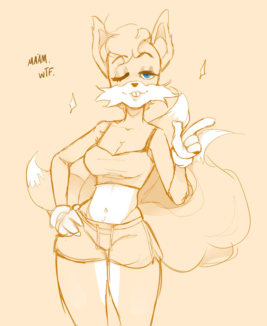 2021 anthro blue_eyes bottomwear breasts buckteeth canid canine cleavage clothed clothing crop_top crossgender female fox fusion gesture gloves hand_on_hip handwear hi_res lola_bunny looking_at_viewer looney_tunes mammal miles_prower notohsoserious one_eye_closed pointing portrait sega shirt shorts sketch solo sonic_the_hedgehog_(series) spot_color tailola teeth text three-quarter_portrait topwear warner_brothers wink