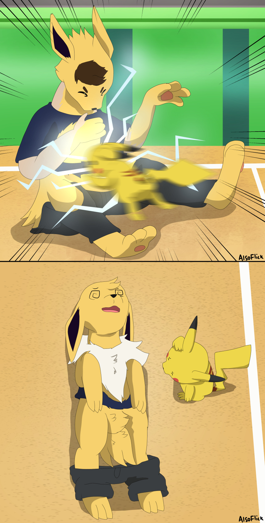 absurd_res after_transformation alsoflick battle dizzy eeveelution hi_res jolteon mid_transformation nintendo pikachu pok&eacute;mon pok&eacute;mon_(species) shocking species_transformation tackle transformation transformation_sequence video_games