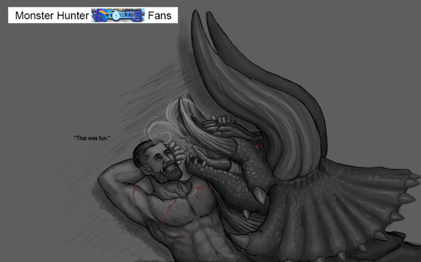 absurd_res after_sex bestiality blood bodily_fluids capcom chad_(meme) diablos_(mh) digital_drawing_(artwork) digital_media_(artwork) dragon duo english_text female female_(lore) feral flying_wyvern gigachad greyscale hair hand_on_head hi_res horn human human_on_feral ijoe interspecies larger_female larger_feral looking_pleasured lying male male/female mammal meme monochrome monster_hunter monster_hunter_stories muscular muscular_male on_back open_mouth red_eyes saliva saliva_on_tongue scalie scratches simple_background size_difference smaller_human smaller_male smile teeth text tongue video_games wyvern